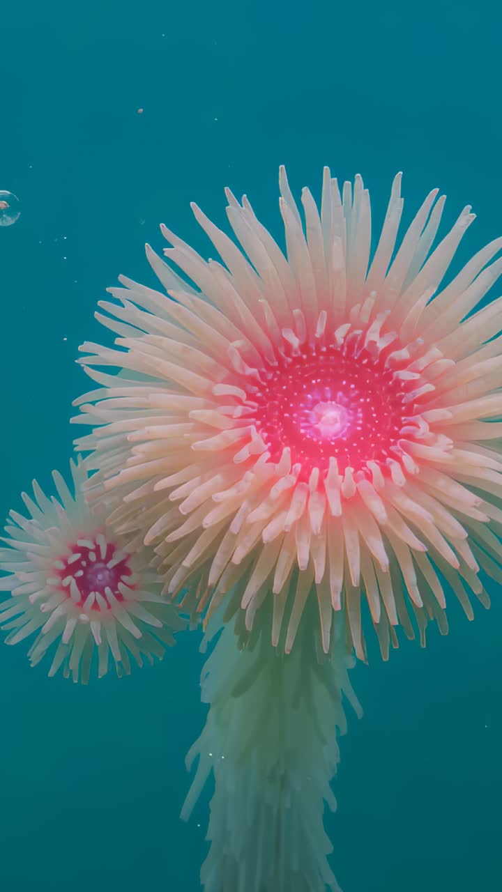 Video verticale: Zoom in, anemone di mare di grandi dimensioni sott'acqua che mostra i tentacoli, disco rosa, uno più piccolo a sinistra