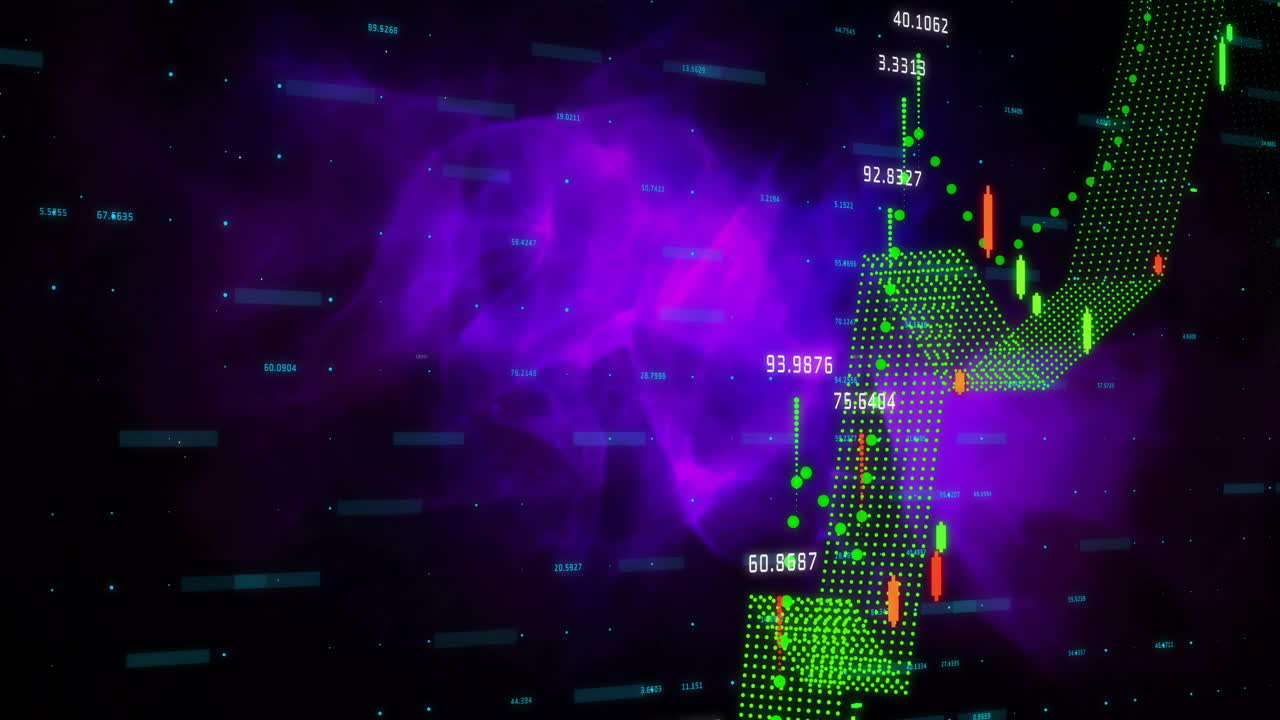 datos del mercado de valores y animación de gráficos financieros sobre un fondo abstracto púrpura