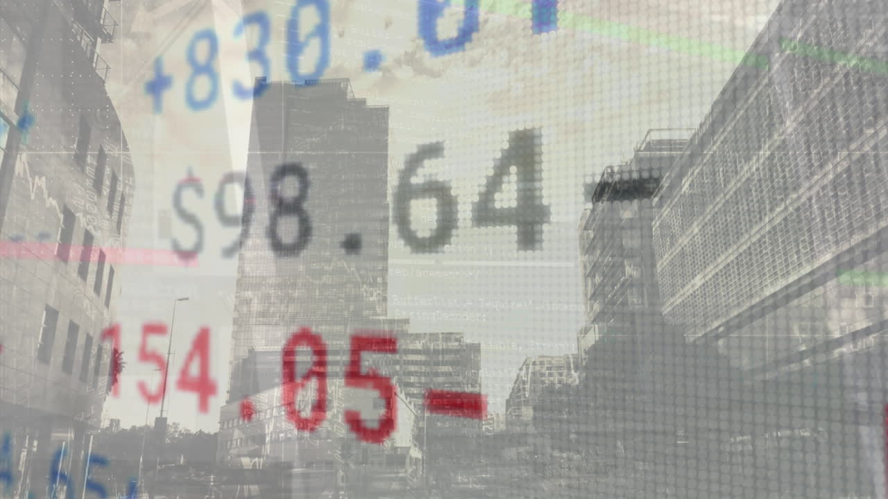 높은 건물의 시야에 대한 주식 시장 데이터 처리의 애니메이션