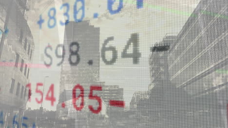 animación del procesamiento de datos del mercado de valores frente a la vista de edificios altos.