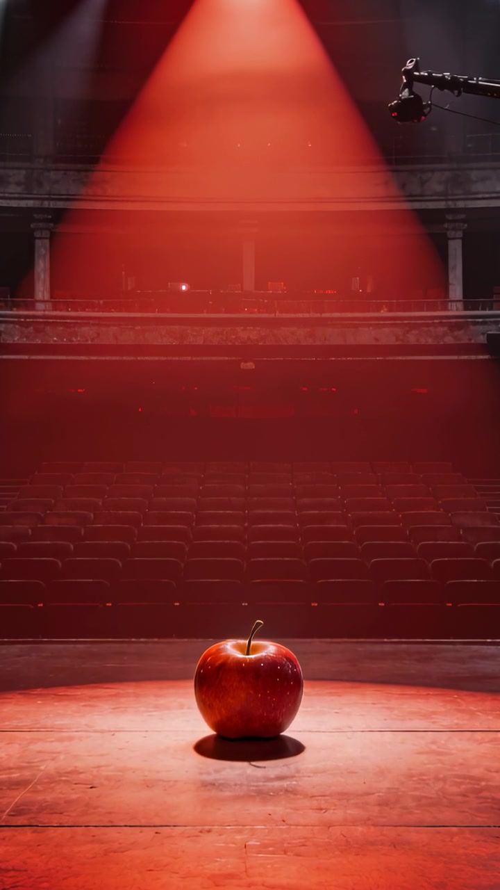 Mela rossa appoggiata su un palco di legno mentre un faretto rosso fluttua e un braccio si sposta per il teatro