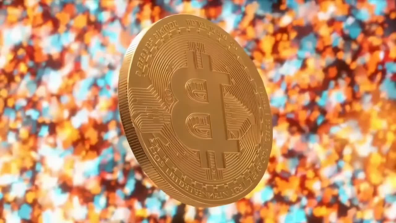Close-up video of a Bitcoin coin, angled to show detail, with a digital background