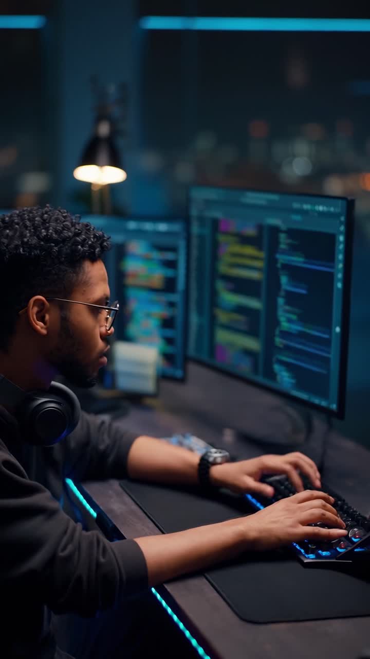 Side angle of a programmer coding in a dimly lit room, perfect for a tech video