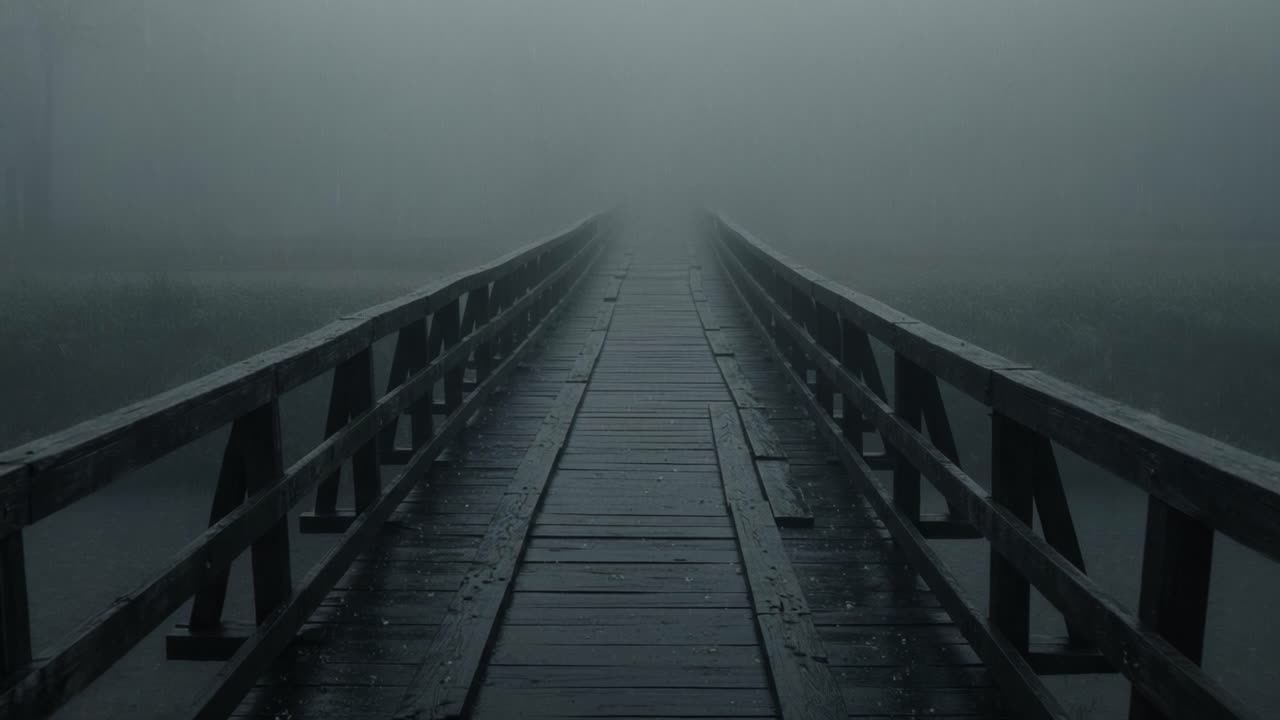 Wooden Bridge Disappearing into Dense Fog