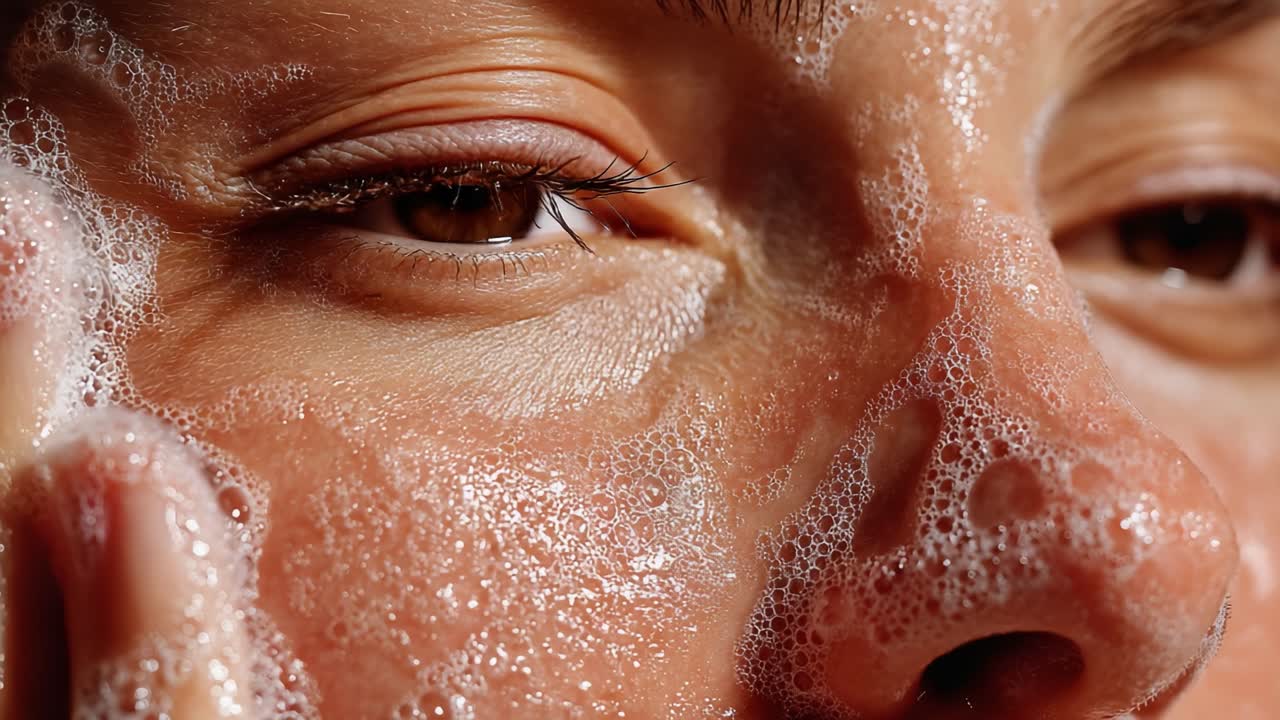 A Close-Up Exploration of Cleansing: Capturing the Essence of a Refreshing Facial Wash Experience with Soap Bubbles and Clean Skin