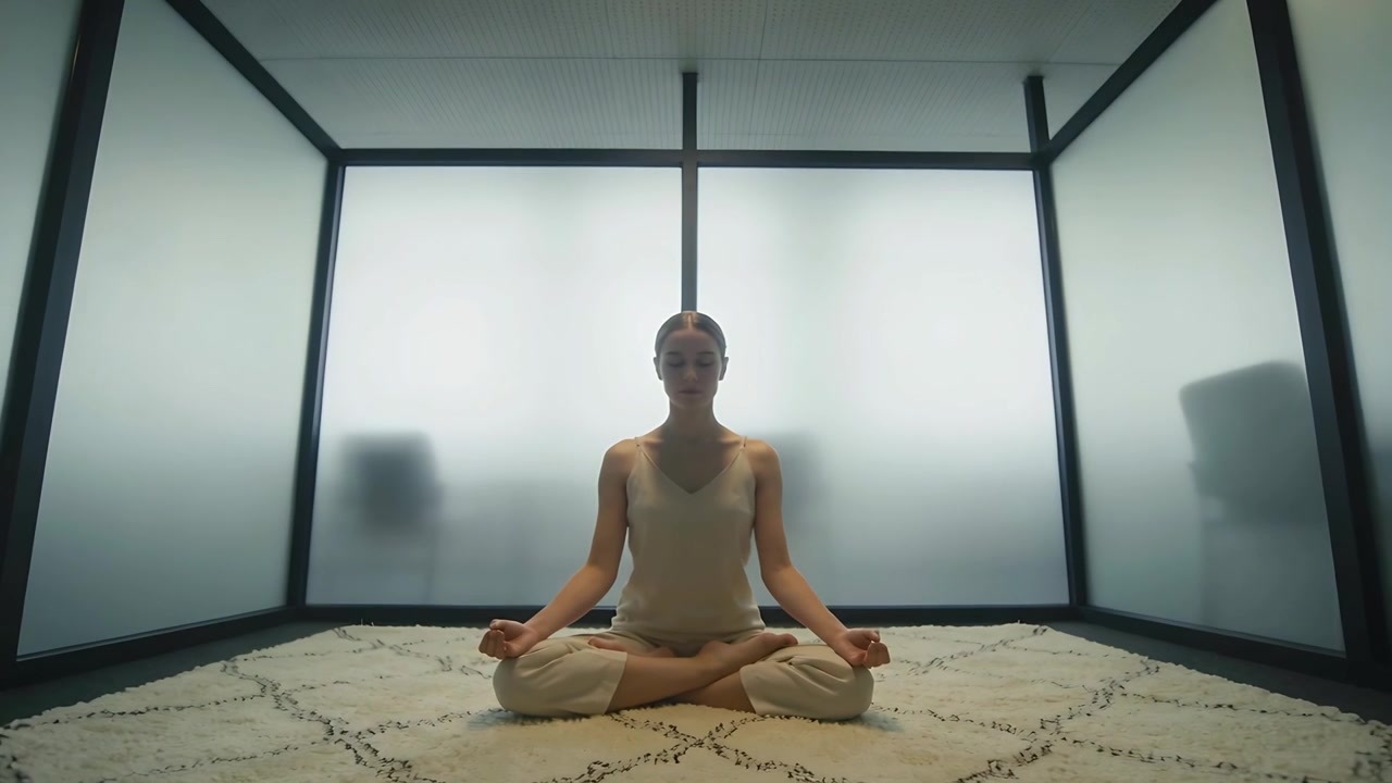 Una donna con un top chiaro, seduta e che forma un mudra, medita all'interno di un cubicolo di vetro su un tappeto
