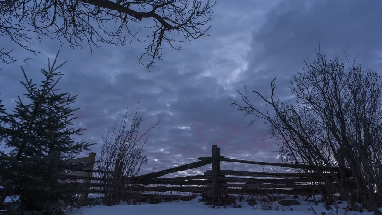 눈 인 캐나다 시골의 나무와 울타리 에서 해가 뜨는 시간의 타임 스 (timelapse of sunrise by trees and fence in snowy rural canada)