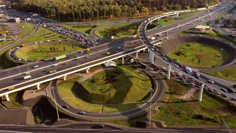 aerial view of a freeway intersection traffic trails in moscow.