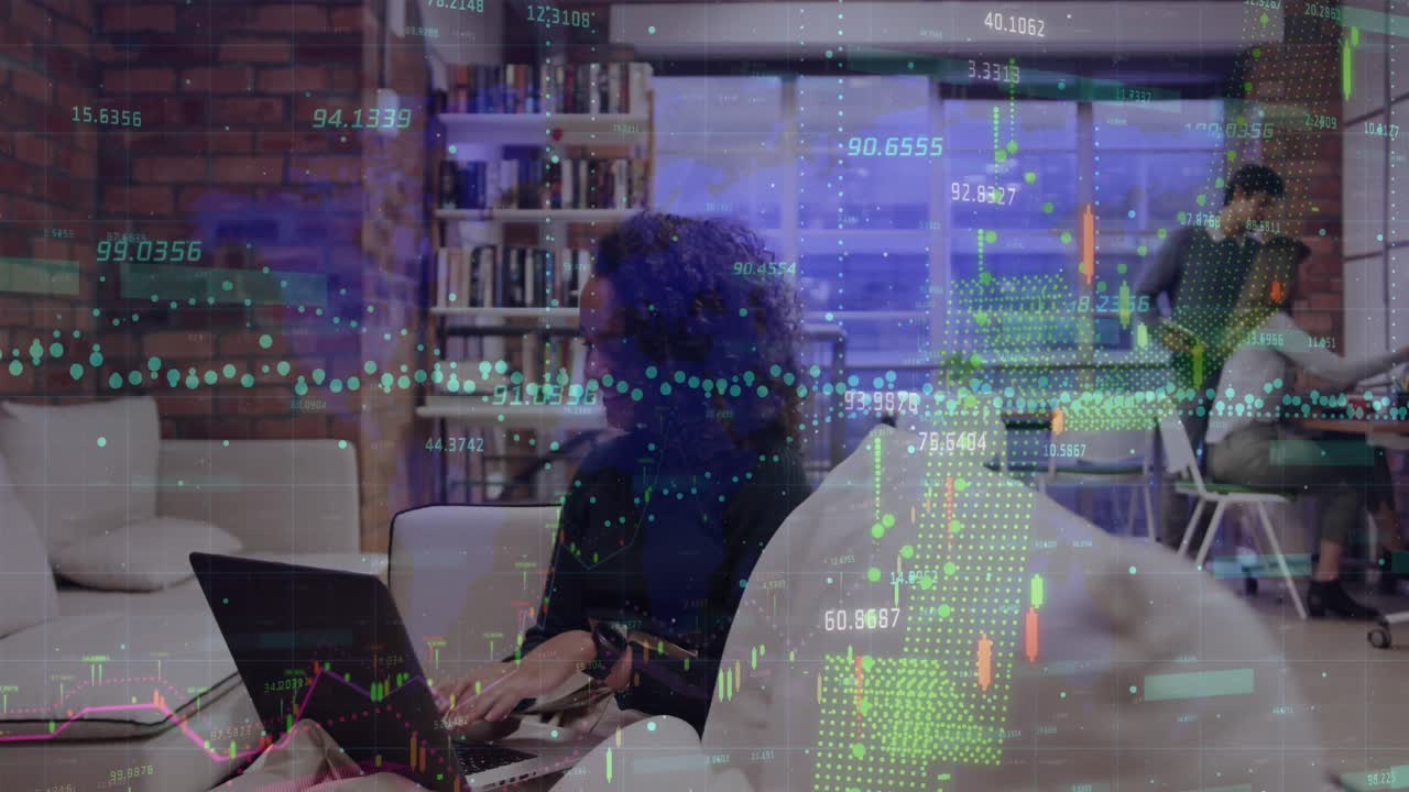 Animation of data processing over african american women using laptop