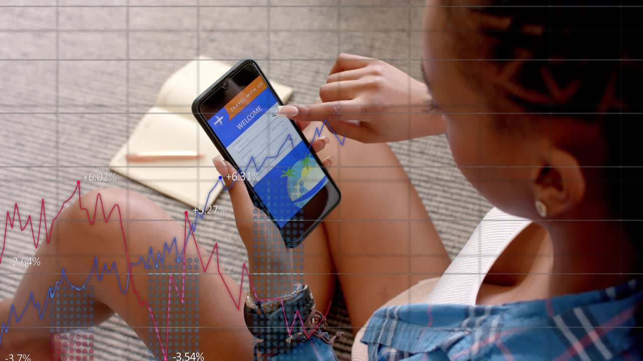 Woman sitting on carpet tapping phone, exploring travel deals and generating charts overlaying legs