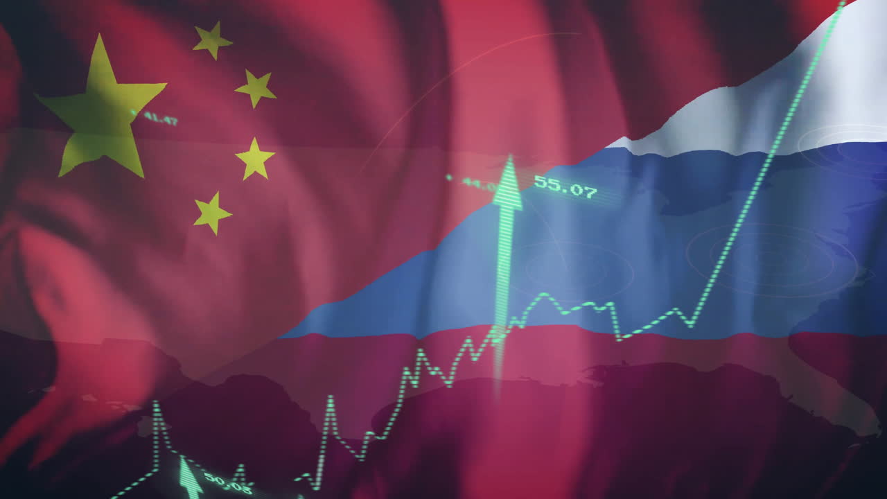 중국과 러시아 발 위의 금융 데이터 처리 애니메이션