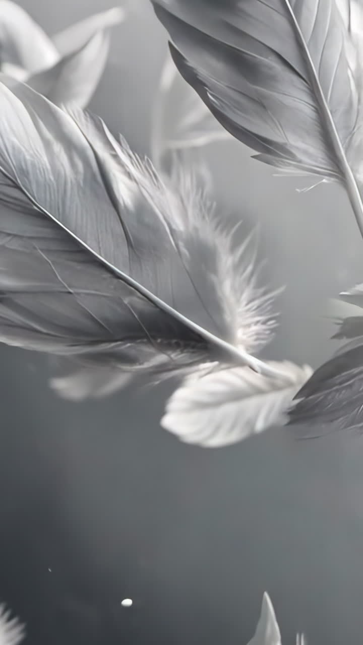 A large number of white feathers scattered throughout the frame. The feathers appear to be in various stages of falling, creating a sense of movement and fluidity