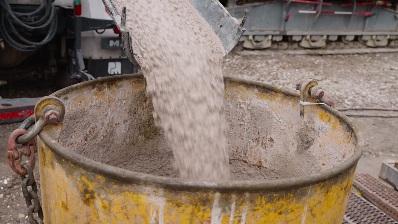 Wet cement pours into yellow container at construction site. Perfect for industrial and construction project visuals