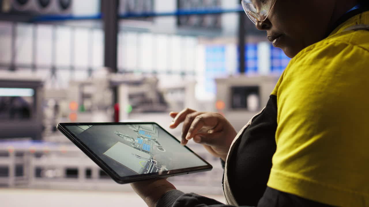 Vertical video Close up of technician using tablet CAD app to design smart factory layouts