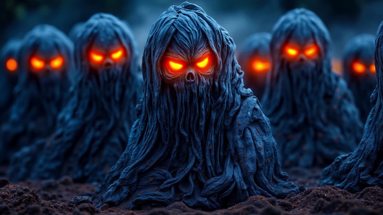 un grupo de fantasmas de aspecto espeluznante con ojos rojos en la oscuridad