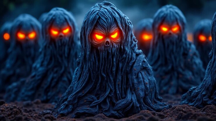 A group of creepy looking ghosts with red eyes in the dark