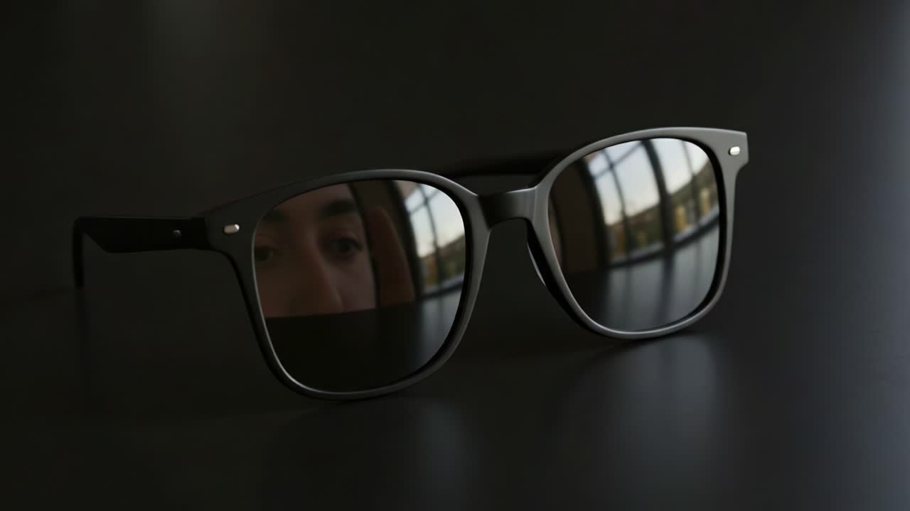 Stylish Black Sunglasses on a Dark Surface, Capturing Reflections and Showcasing Elegant Design Features in an Artistic Display of Fashion Accessories