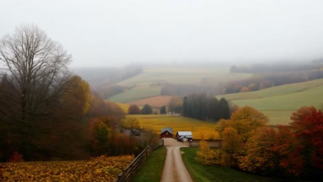 foggy autumn landscape with farmhouse and country road