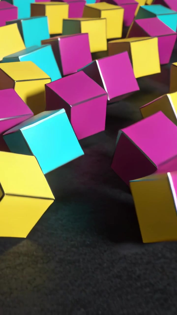 Vídeo vertical: Deslocamento da câmera causando cubos ciano, magenta e amarelos inclinando-se e espalhando-se sobre o tapete