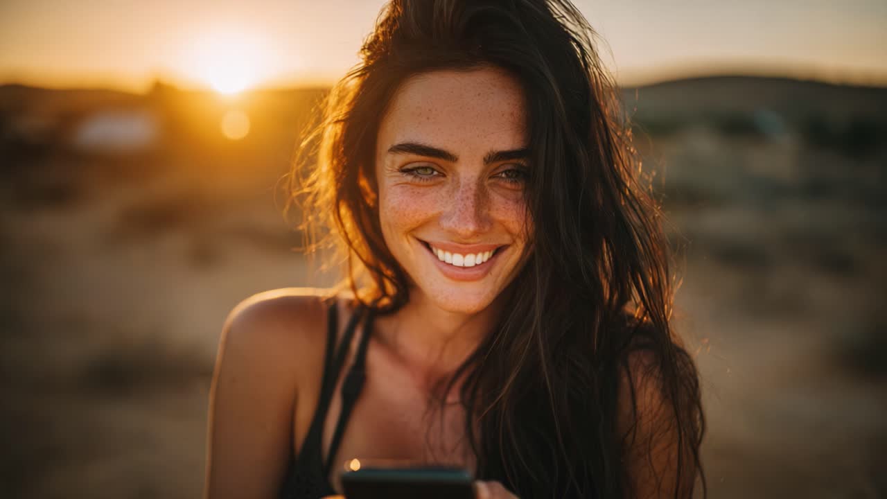 Captivating Portrait of a Smiling Young Woman Against a Stunning Sunset Background, Radiating Joy While Engaged with Her Mobile Device in a Scenic Outdoor Setting