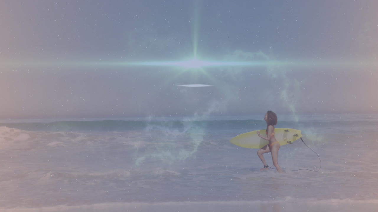 female surfer running into surf on shore, with animated light flares for fitness design