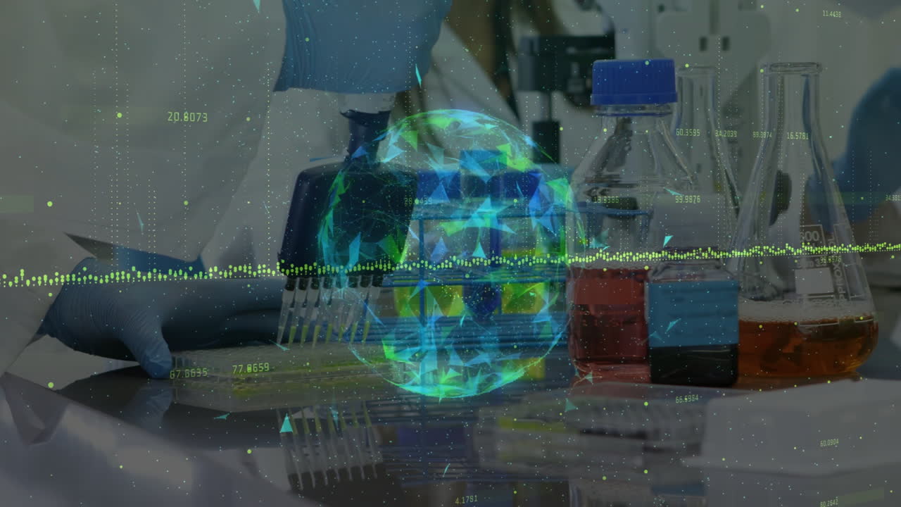 Glowing digital globe animation over laboratory scene with scientific equipment