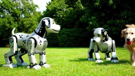 a playful encounter between robotic dogs and a golden retriever in a lush green park, showcasing the blend of technology and nature in a joyful atmosphere