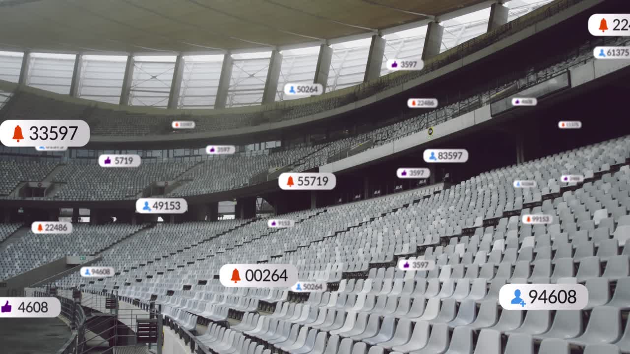 빈 스포츠 경기장 위의 배너에 소셜 미디어 아이콘의 애니메이션