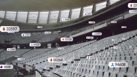 animation of social media icons on banners over empty sports stadium