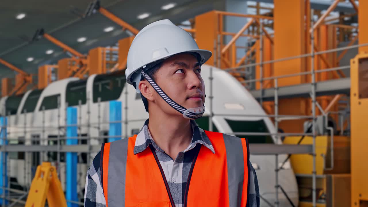 Primer plano de un ingeniero asiático con casco de seguridad mirando a su alrededor de pie, ingenieros de mantenimiento de trenes en un depósito