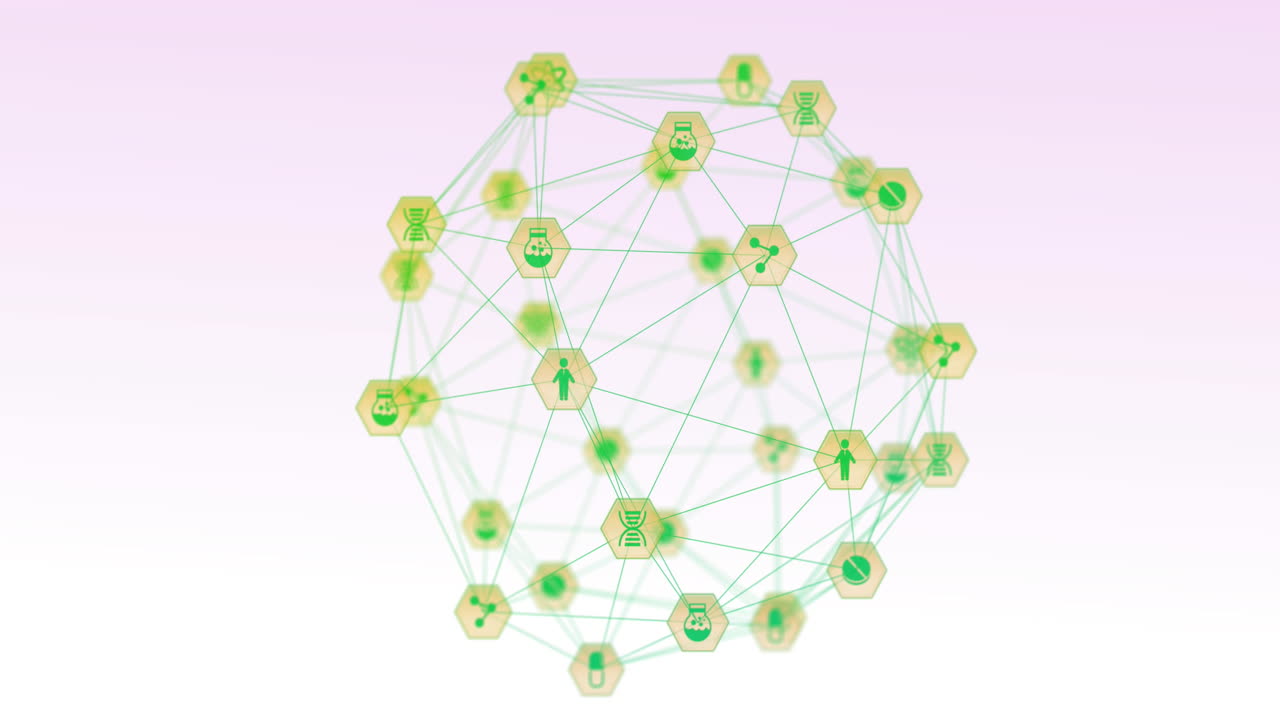 animación del globo de conexiones con iconos científicos sobre fondo rosa