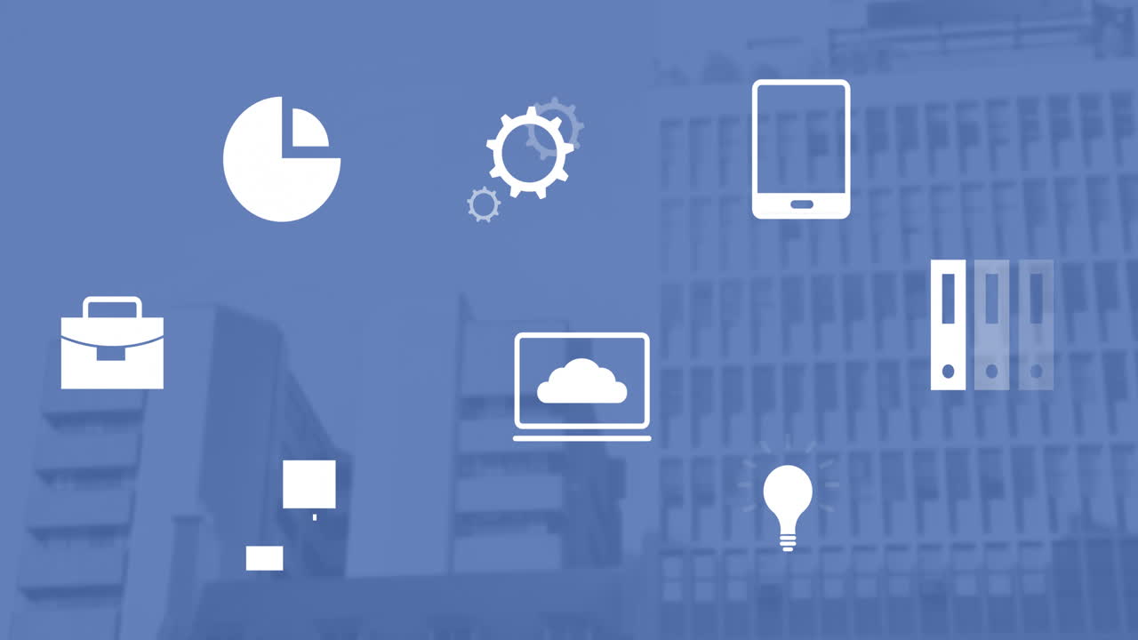 Animation of media icons over blue cityscape