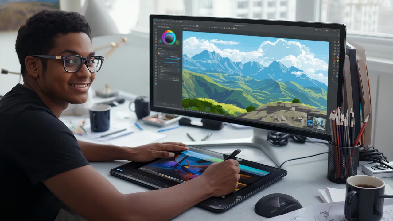 Turning gaze to stylus on tablet, artist sketching mountain landscape for art in studio, copy space