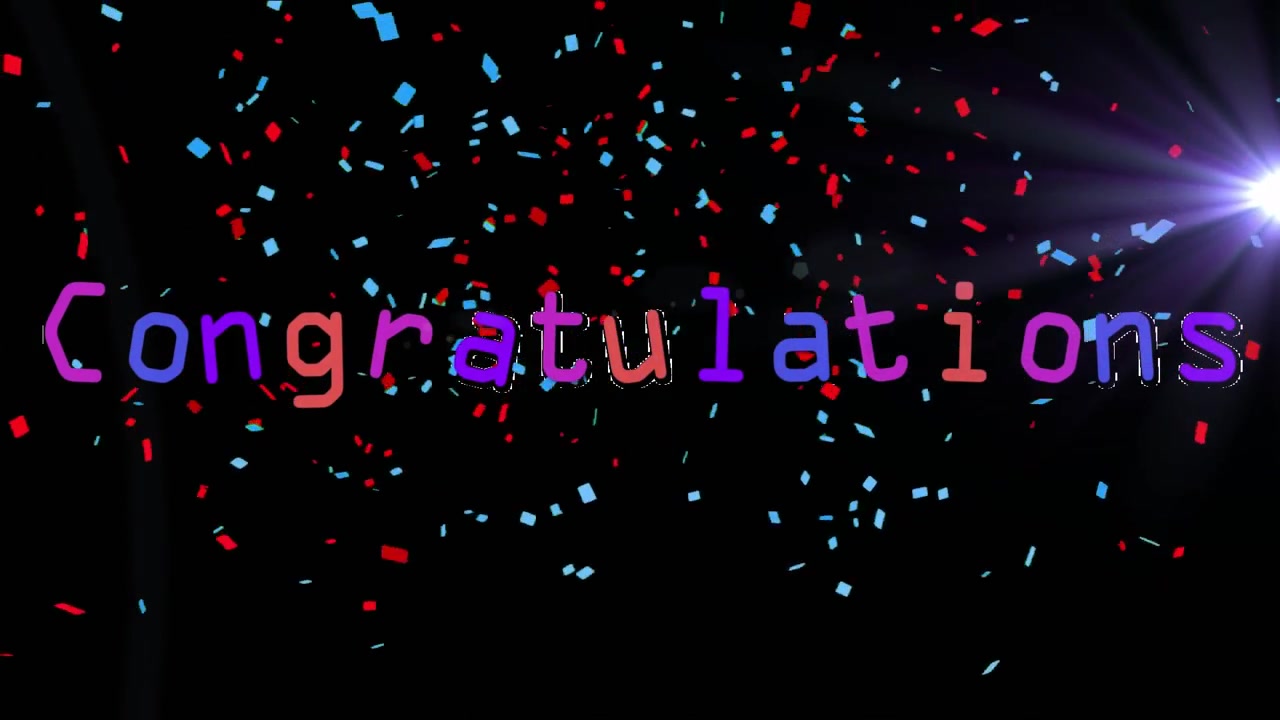 Purple cubes appearing left, trailing, forming Congratulations while confetti bursting to celebrate