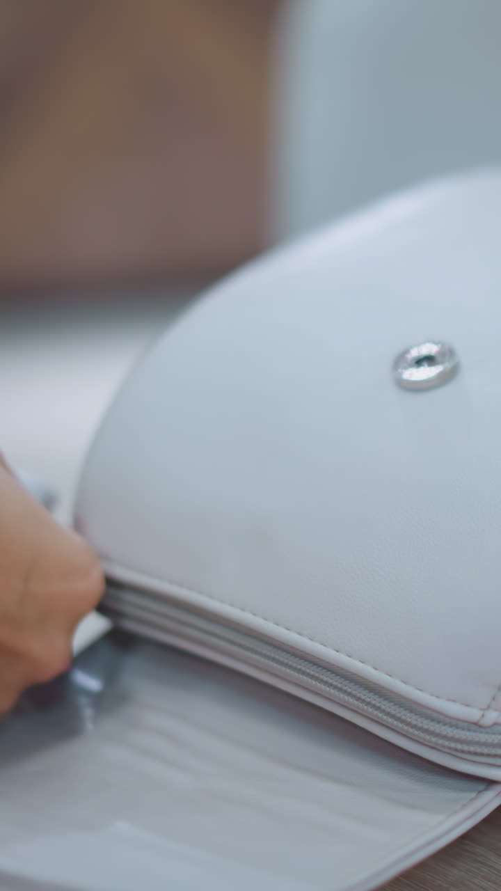 primer plano de las manos abriendo una elegante bolsa blanca en la mesa, con enfoque en las manos y los detalles de la bolsa, mostrando pulseras y pulsera, mientras deja caer algo dentro de la bolsa