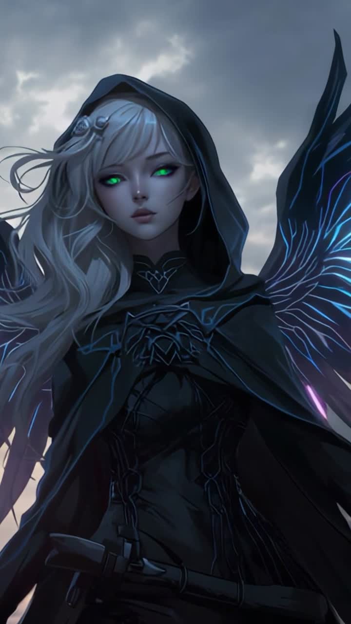 Vertical video: Revealing hooded guardian standing guard beneath stormy sky, bioluminescent wings