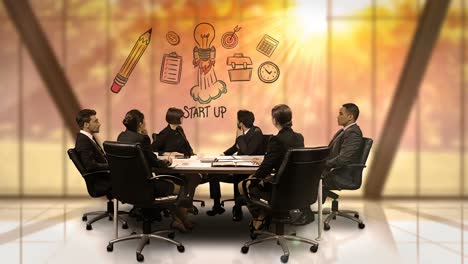 businesspeople looking at futuristic screen showing start up symbol