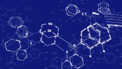 Animación-De-Fórmula-Química-Con-Procesamiento-De-Datos-Sobre-Fondo-Azul