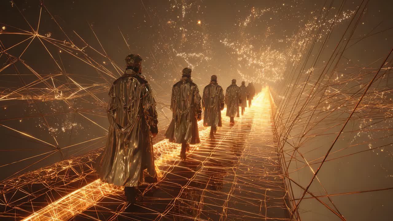 Figures Walking in a Futuristic Golden Landscape