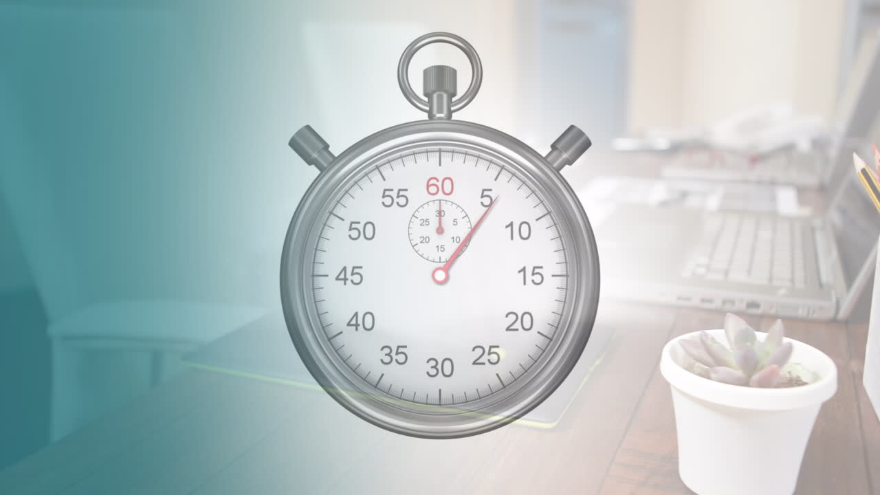 Animation of clock moving over office desk with diverse items
