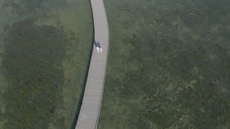 couple walking on a wooden bridge on the sea