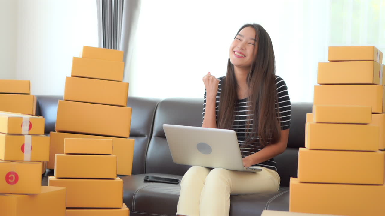 Static shot of a cute Asian lady sitting on the sofa with a laptop in her lap and surrounded by boxes