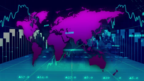 stock market data and statistical data processing against world map