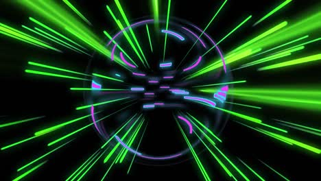 Animation-of-green-neon-light-trails-and-sphere-over-black-background