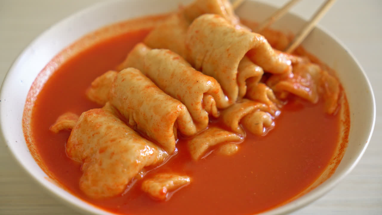 odeng - brocheta de pastel de pescado coreano en sopa picante coreana - estilo de comida callejera coreana