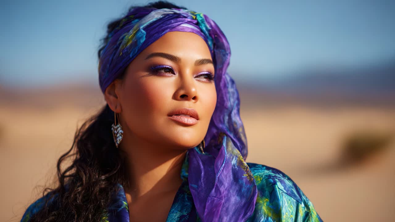 Een zelfverzekerde vrouw in kleurrijke kleding en een hoofddoek poseert sierlijk tegen een zanderige woestijnachtergrond onder een helderblauwe lucht, en straalt schoonheid en kracht uit