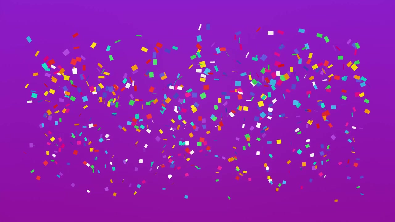 Pezzi di coriandoli di carta colorati cadono e vorticano su uno sfondo viola a tinta unita in un loop continuo.