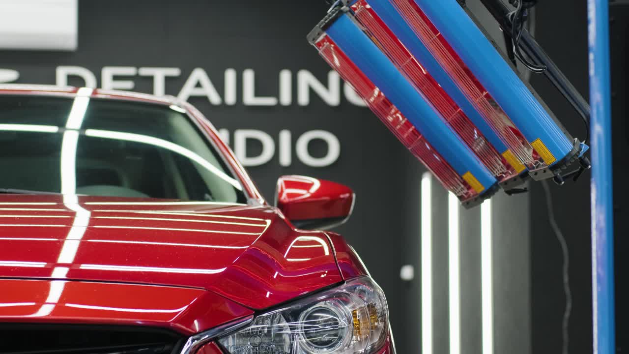 세라 코팅을 건조하기 위한 빨간 램프가 차 뒤에 있습니다.