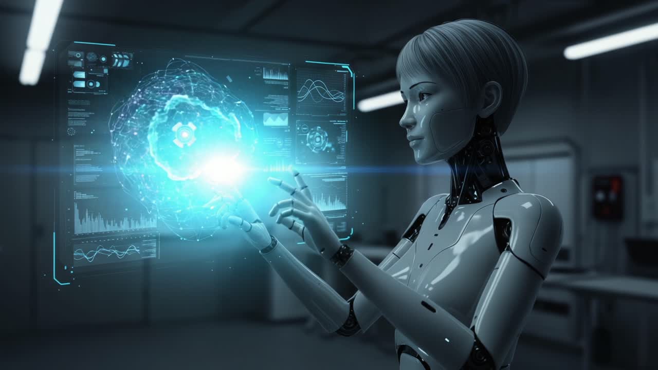 A Futuristic Robot Engaging with Advanced Holographic Technology in a Sci-Fi Environment, Showcasing Digital Interaction and Innovative Imagery