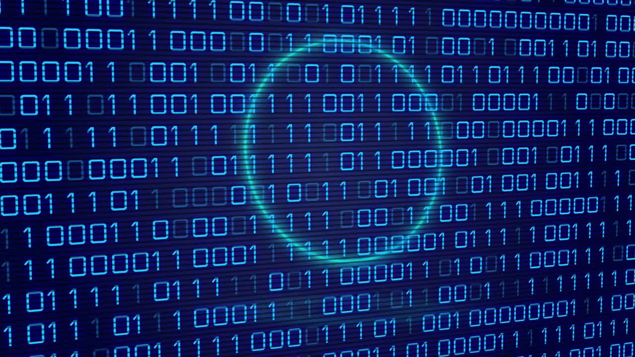 Animation of neon circles over digital screen with binary code